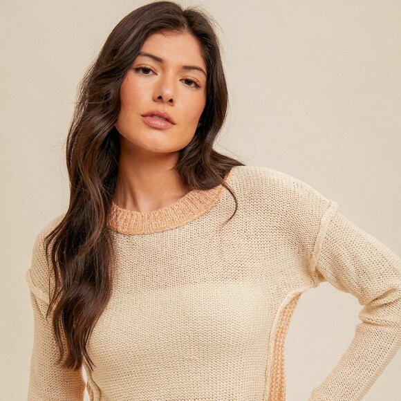HEM & THREAD Cream Peach Contrast Knit Sweater, Long Sleeve Colorblock Pullover - Picture 6 of 6